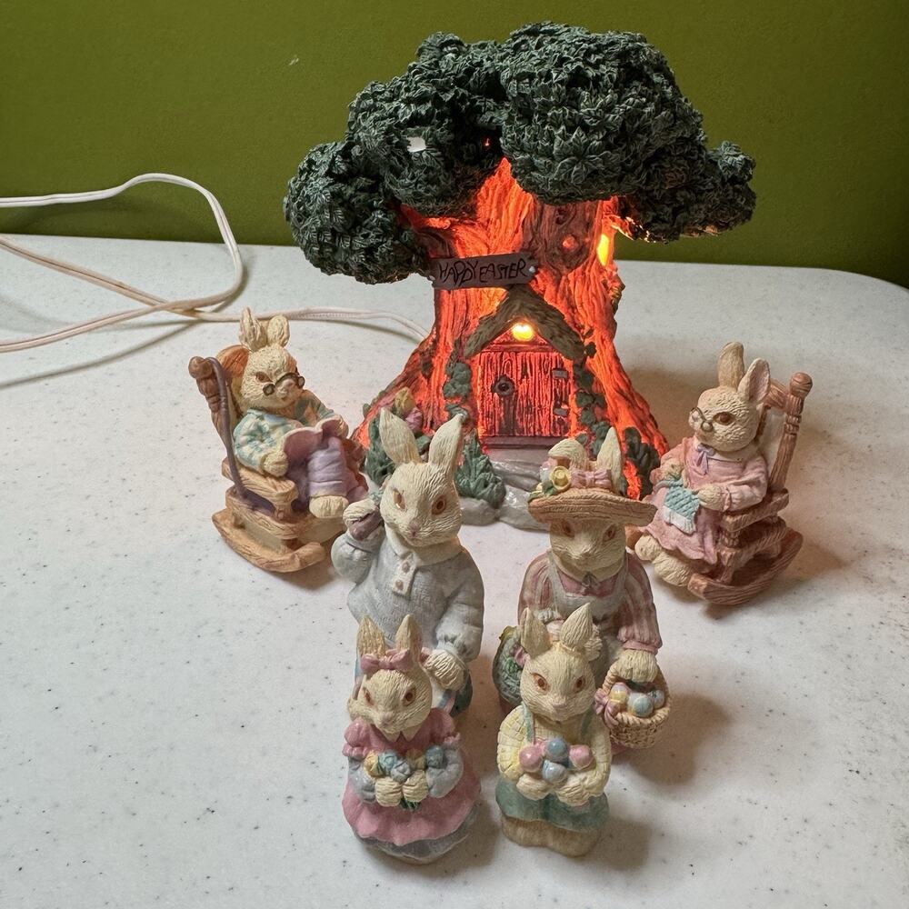 7 Pc Bunny and Lighted‎ Tree House Set 90s Resin Easter Spring Decoration Box